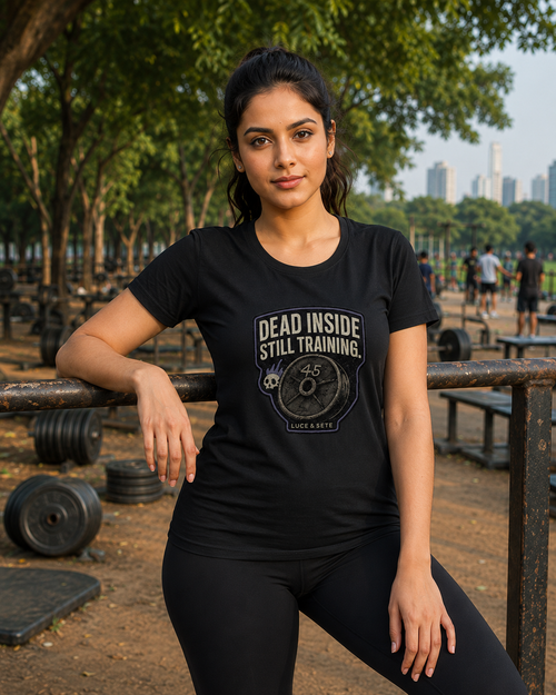LUCE & SETE GPT mockup 1 - Dead Inside Still Training Classic Graphic T-Shirt for Women | Motivational Fitness Streetwear - 101_9392650092781_womens-classic-t-shirt-78_NO_EXCUSES_front_HERO_20260607_092824.png