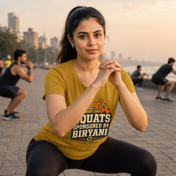 LUCE & SETE GPT mockup 1 - Squats Sponsored by Biryani Classic Graphic T-Shirt for Women | Fitness Humor Streetwear - 101_9392650191085_womens-classic-t-shirt-80_NO_EXCUSES_GRID_20260607_093255_01_row1_col1.png