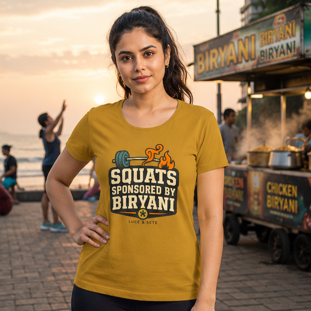 LUCE & SETE GPT mockup 1 - Squats Sponsored by Biryani Classic Graphic T-Shirt for Women | Fitness Humor Streetwear - 101_9392650191085_womens-classic-t-shirt-80_NO_EXCUSES_GRID_20260607_093255_02_row1_col2.png