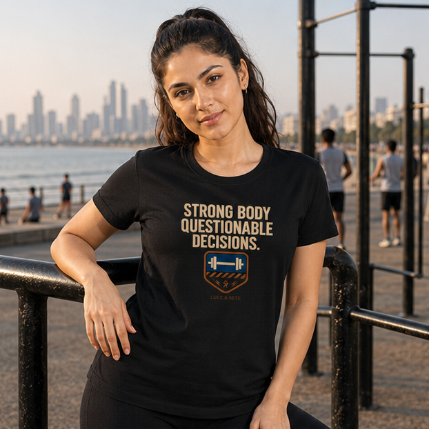 LUCE & SETE GPT mockup 1 - Strong Body Questionable Decisions Classic Graphic T-Shirt for Men & Women | Fitness Attitude Streetwear - 101_9392650289389_womens-classic-t-shirt-82_NO_EXCUSES_GRID_20260607_093748_01_row1_col1.png