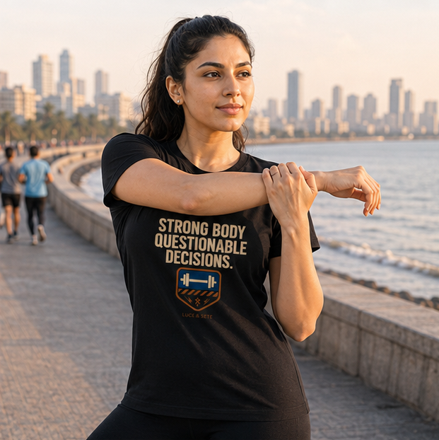 LUCE & SETE GPT mockup 1 - Strong Body Questionable Decisions Classic Graphic T-Shirt for Men & Women | Fitness Attitude Streetwear - 101_9392650289389_womens-classic-t-shirt-82_NO_EXCUSES_GRID_20260607_093748_02_row1_col2.png
