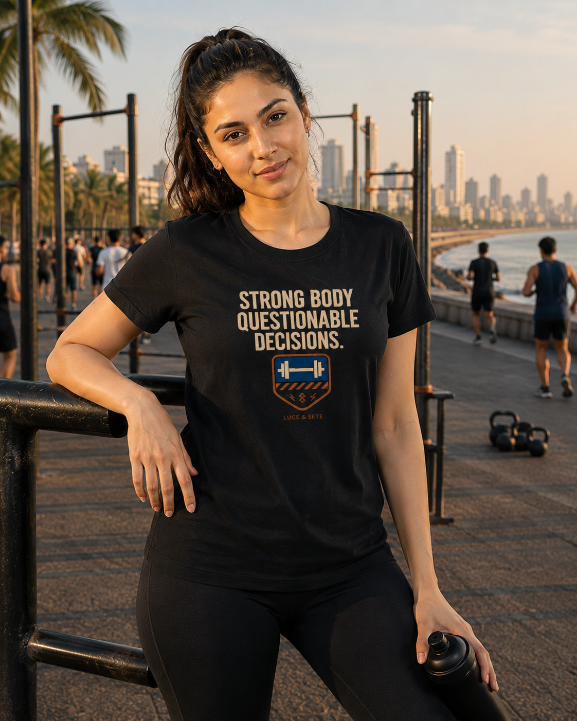 LUCE & SETE GPT mockup 1 - Strong Body Questionable Decisions Classic Graphic T-Shirt for Men & Women | Fitness Attitude Streetwear - 101_9392650289389_womens-classic-t-shirt-82_NO_EXCUSES_front_HERO_20260607_093953.png