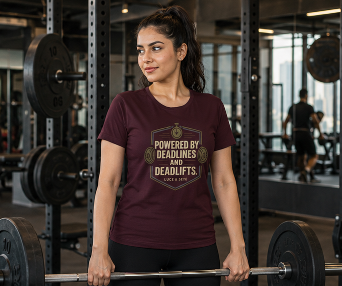 LUCE & SETE GPT mockup 1 - Powered by Deadlines and Deadlifts Classic Graphic T-Shirt for Women | Discipline Streetwear - 101_9392650354925_womens-classic-t-shirt-84_NO_EXCUSES_GRID_20260607_094258_02_row1_col2.png