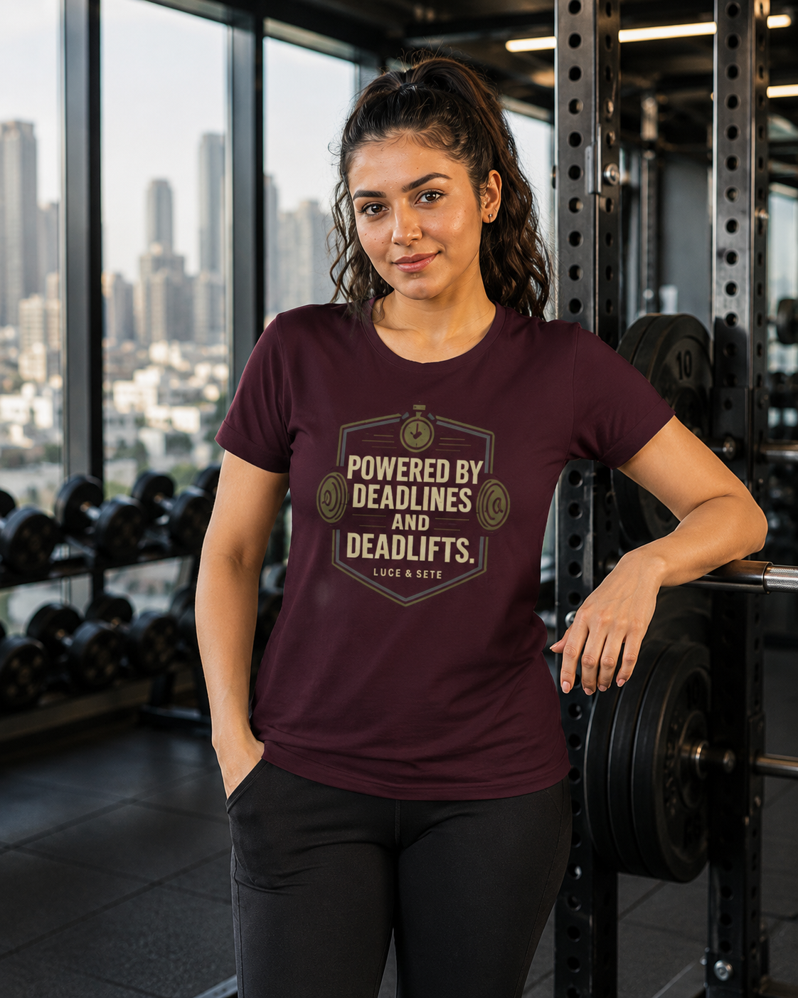 LUCE & SETE GPT mockup 1 - Powered by Deadlines and Deadlifts Classic Graphic T-Shirt for Women | Discipline Streetwear - 101_9392650354925_womens-classic-t-shirt-84_NO_EXCUSES_front_HERO_20260607_094430.png
