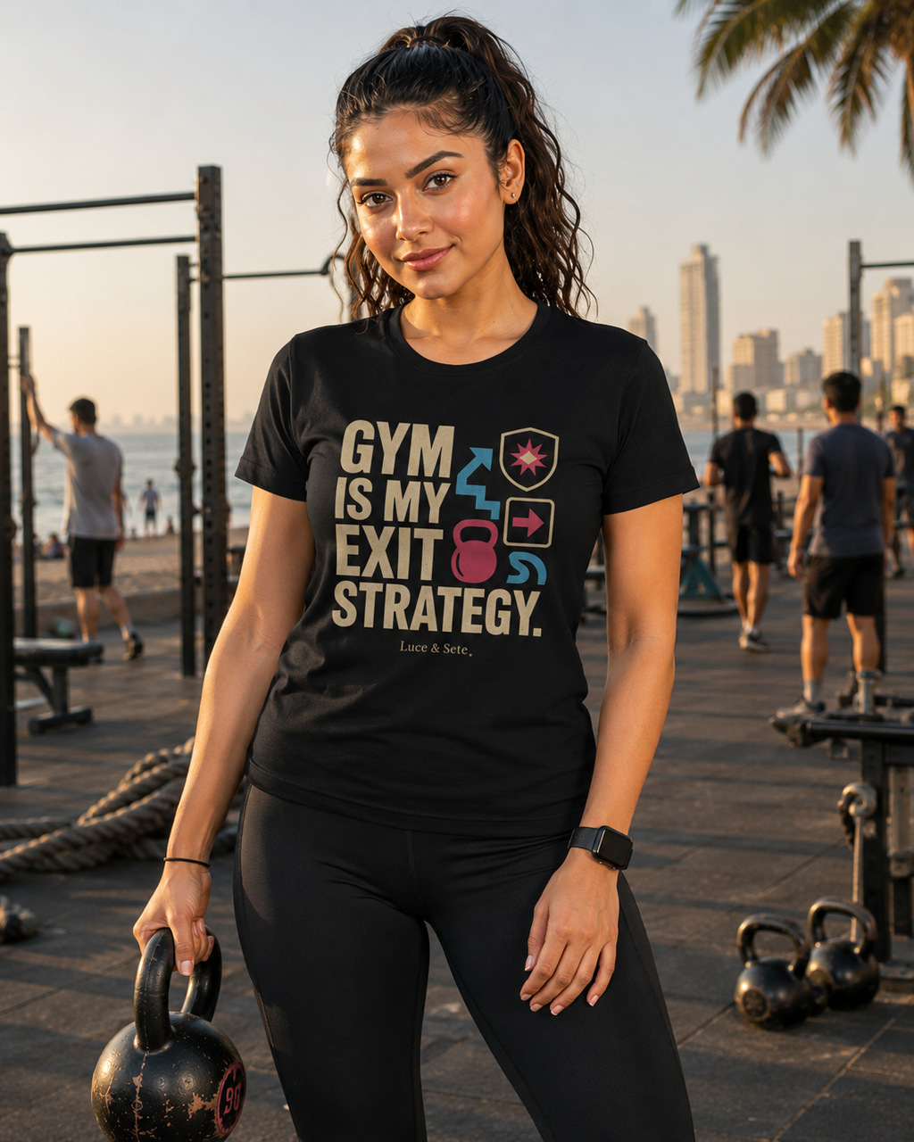 LUCE & SETE GPT mockup 1 - Gym Is My Exit Strategy Classic Graphic T-Shirt for Women | Discipline Streetwear - 101_9392650682605_womens-classic-t-shirt-85_NO_EXCUSES_front_HERO_20260607_094652.png
