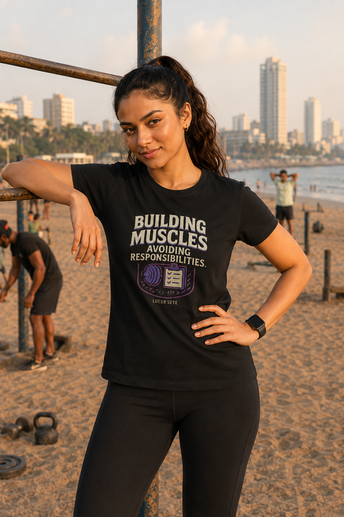 LUCE & SETE GPT mockup 1 - Building Muscles Sarcastic Classic Graphic T-Shirt for Women | Fitness Humor Streetwear - 101_9392650911981_womens-classic-t-shirt-87_NO_EXCUSES_front_HERO_20260607_095158.png