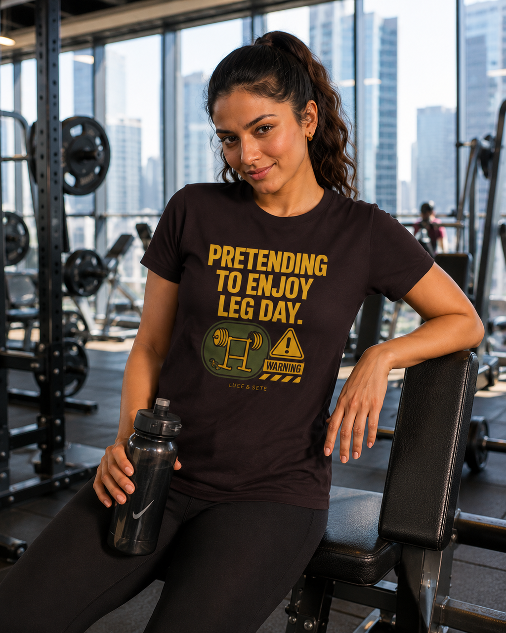 LUCE & SETE GPT mockup 1 - Pretending to Enjoy Leg Day Classic Graphic T-Shirt for Women | Fitness Humor Streetwear - 101_9392650944749_womens-classic-t-shirt-88_NO_EXCUSES_front_HERO_20260607_095435.png