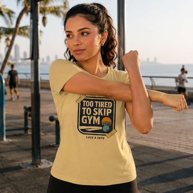 LUCE & SETE GPT mockup 1 - Too Tired to Skip Gym Classic Graphic T-Shirt for Women | Discipline Streetwear - 101_9392651043053_womens-classic-t-shirt-89_NO_EXCUSES_GRID_20260607_095540_02_row1_col2.png