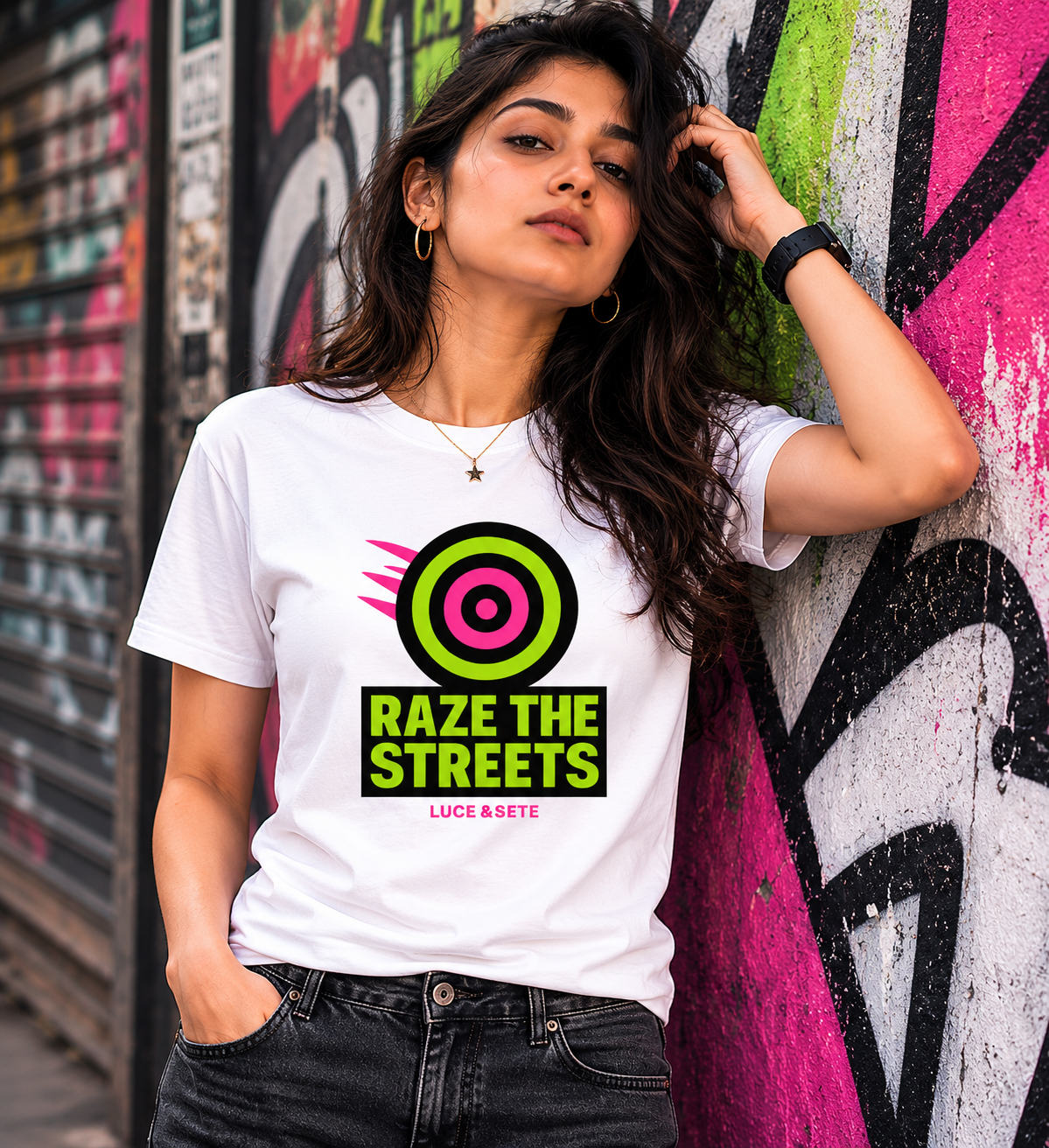 LUCE & SETE GPT mockup 1 - Raze The Streets Graphic T-Shirt for Men & Women | Bold Urban Streetwear - 265_9389895352557_unisex-stretch-t-shirt-168_BUILD_DIFF_front_HERO_20260602_192517.png
