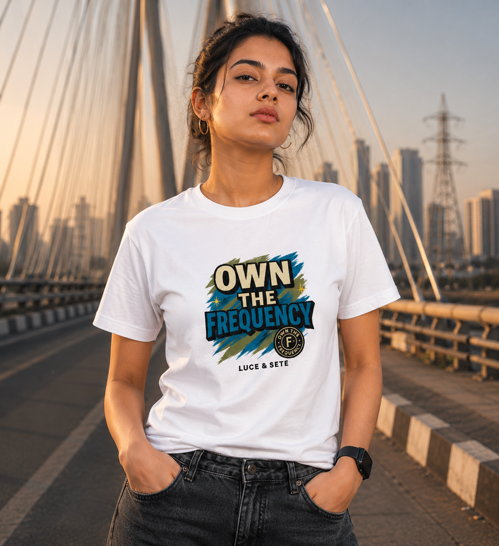 LUCE & SETE GPT mockup 1 - Own The Frequency Graphic T-Shirt for Men & Women | Empowerment Streetwear - 265_9389895516397_unisex-stretch-t-shirt-169_BUILD_DIFF_front_HERO_20260602_192903.png