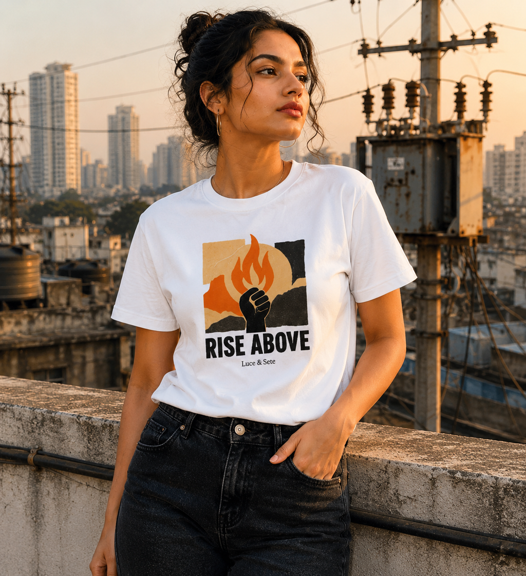 LUCE & SETE GPT mockup 1 - Rise Above Graphic T-Shirt for Men & Women | Empowerment Streetwear - 265_9389895811309_unisex-stretch-t-shirt-171_BUILD_DIFF_front_HERO_20260602_193628.png