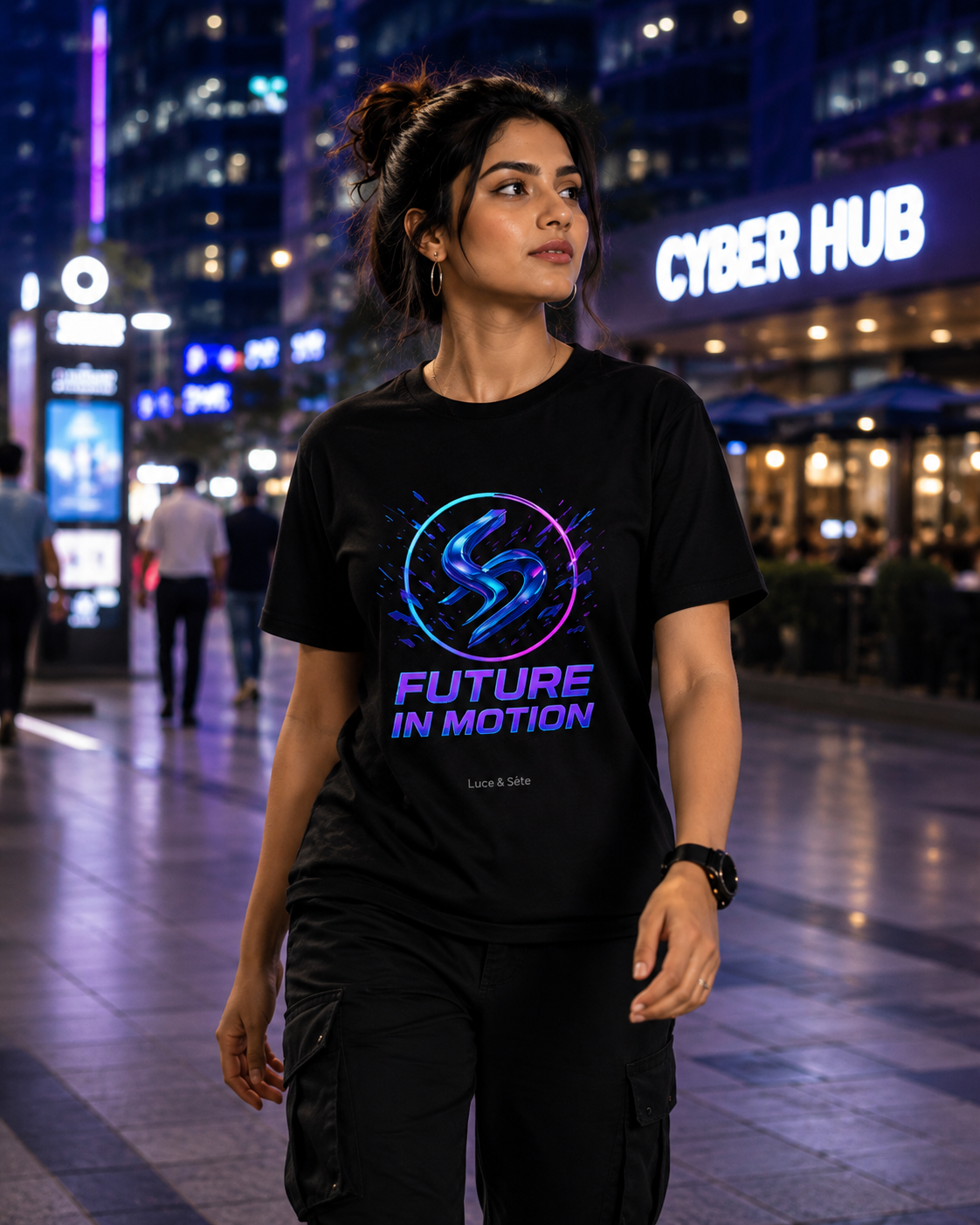 LUCE & SETE GPT mockup 1 - Future in Motion Graphic T-Shirt for Men & Women | Futuristic Streetwear - 267_9389895188717_unisex-stretch-t-shirt-167_BUILD_DIFF_front_HERO_20260602_194334.png