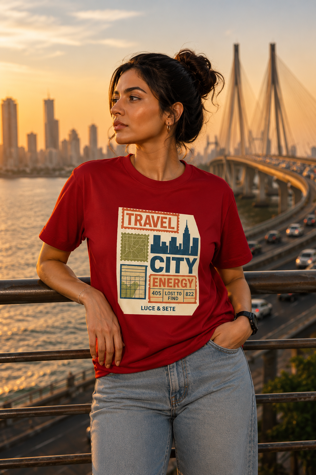 LUCE & SETE GPT mockup 1 - Travel City Energy Graphic T-Shirt for Men & Women | Urban Exploration Streetwear - 269_9389894795501_unisex-stretch-t-shirt-165_BUILD_DIFF_front_HERO_20260602_194936.png