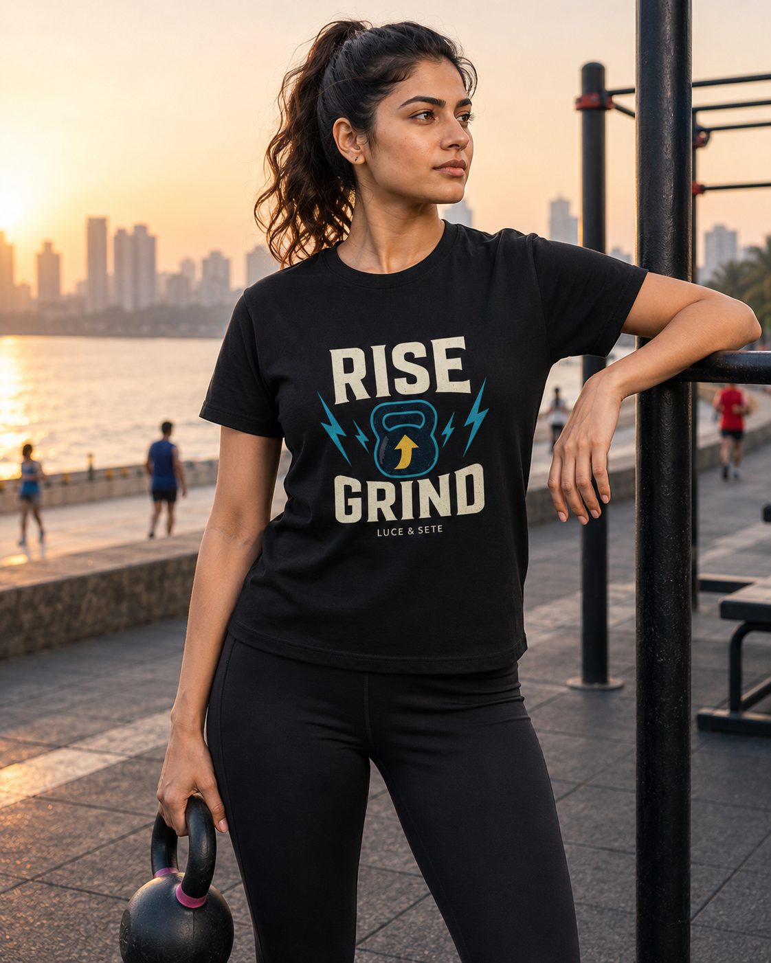 LUCE & SETE GPT mockup 1 - Rise Grind Motivational Graphic T-Shirt for Men & Women | Fitness Hustle Streetwear - 270_9388311478509_unisex-stretch-t-shirt-134_NO_EXCUSES_front_HERO_20260601_205309.png