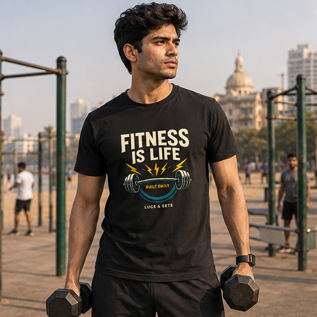 LUCE & SETE GPT mockup 1 - Fitness Is Life Graphic T-Shirt for Men & Women | Daily Workout Motivation - 270_9388321145069_unisex-stretch-t-shirt-142_NO_EXCUSES_GRID_20260601_205444_01_row1_col1.png