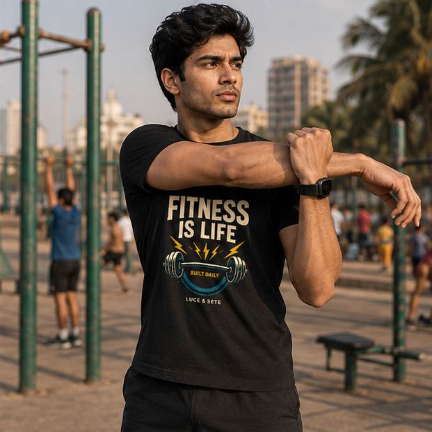 LUCE & SETE GPT mockup 1 - Fitness Is Life Graphic T-Shirt for Men & Women | Daily Workout Motivation - 270_9388321145069_unisex-stretch-t-shirt-142_NO_EXCUSES_GRID_20260601_205444_02_row1_col2.png