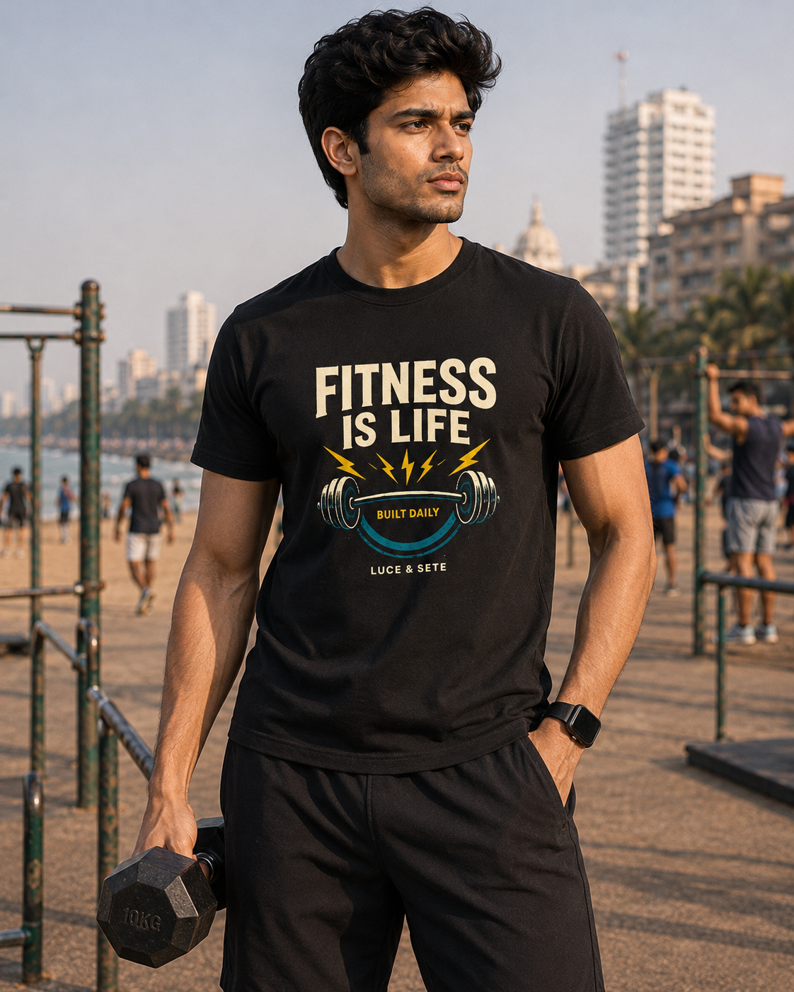 LUCE & SETE GPT mockup 1 - Fitness Is Life Graphic T-Shirt for Men & Women | Daily Workout Motivation - 270_9388321145069_unisex-stretch-t-shirt-142_NO_EXCUSES_front_HERO_20260601_205647.png