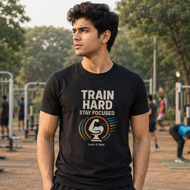 LUCE & SETE GPT mockup 1 - Train Hard Stay Focused Graphic T-Shirt for Men & Women | Fitness Motivation Streetwear - 272_9388321865965_unisex-stretch-t-shirt-143_NO_EXCUSES_GRID_20260601_215511_01_row1_col1.png