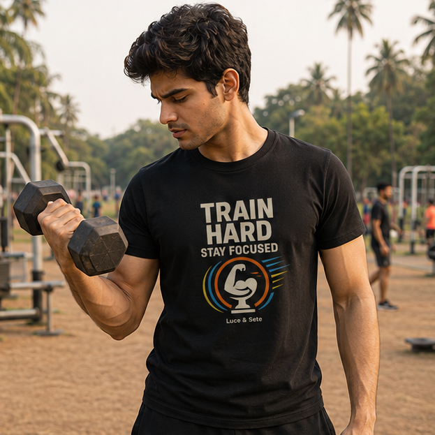 LUCE & SETE GPT mockup 1 - Train Hard Stay Focused Graphic T-Shirt for Men & Women | Fitness Motivation Streetwear - 272_9388321865965_unisex-stretch-t-shirt-143_NO_EXCUSES_GRID_20260601_215511_02_row1_col2.png