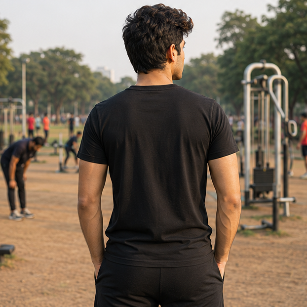 LUCE & SETE GPT mockup 1 - Train Hard Stay Focused Graphic T-Shirt for Men & Women | Fitness Motivation Streetwear - 272_9388321865965_unisex-stretch-t-shirt-143_NO_EXCUSES_GRID_20260601_215511_03_row2_col1.png