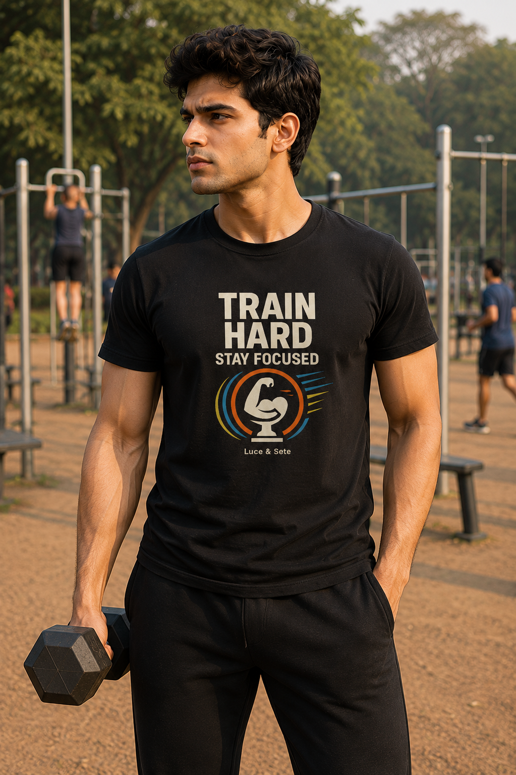 LUCE & SETE GPT mockup 1 - Train Hard Stay Focused Graphic T-Shirt for Men & Women | Fitness Motivation Streetwear - 272_9388321865965_unisex-stretch-t-shirt-143_NO_EXCUSES_front_HERO_20260601_215652.png