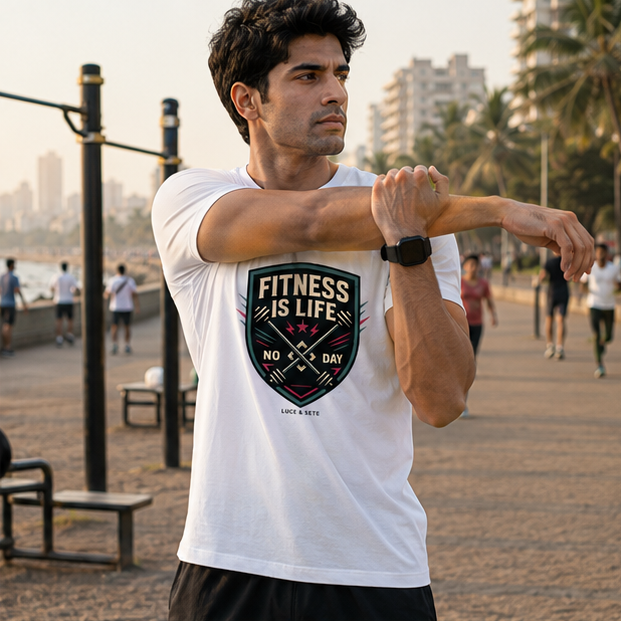 LUCE & SETE GPT mockup 1 - Fitness Is Life Graphic T-Shirt for Men & Women | Motivational Fitness Streetwear - 273_9388320194797_unisex-stretch-t-shirt-140_NO_EXCUSES_GRID_20260601_210405_02_row1_col2.png