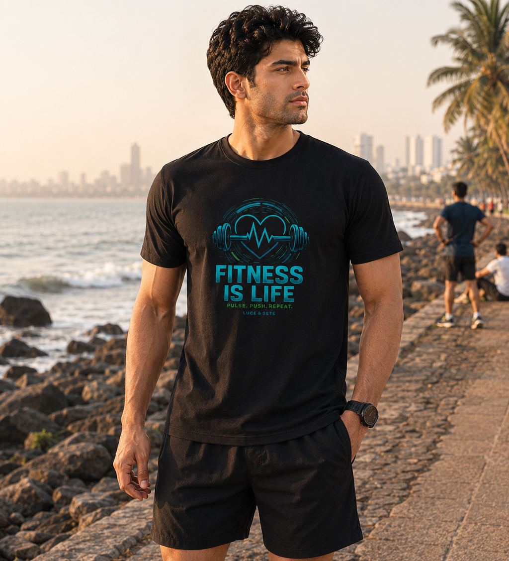 LUCE & SETE GPT mockup 1 - Fitness Is Life Graphic T-Shirt for Men & Women | Motivational Workout Streetwear - 274_9388319736045_unisex-stretch-t-shirt-139_NO_EXCUSES_front_HERO_20260601_211009.png