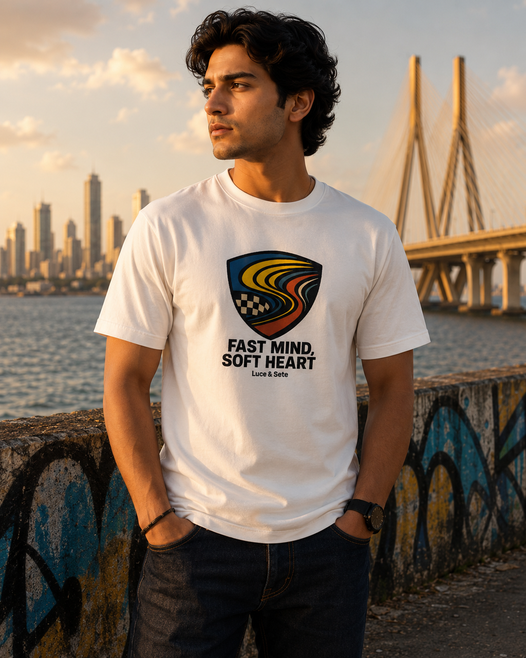 LUCE & SETE GPT mockup 1 - Fast Mind Soft Heart Graphic T-Shirt for Men & Women | Confident Streetwear - 275_9388262293741_unisex-stretch-t-shirt-113_BUILD_DIFF_front_HERO_20260601_184550.png