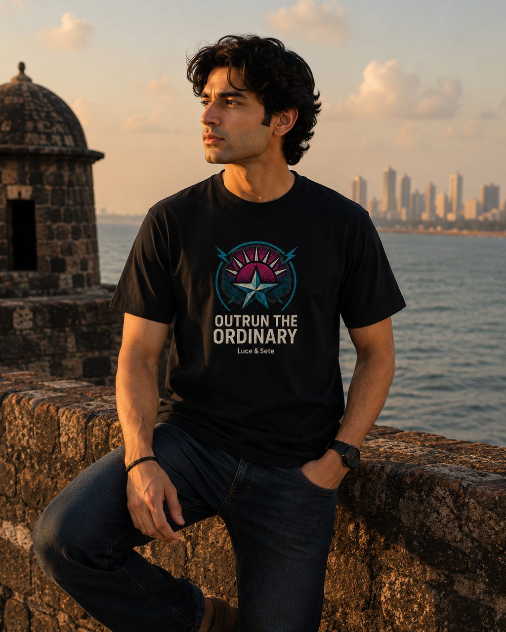 LUCE & SETE GPT mockup 1 - Outrun The Ordinary Graphic T-Shirt for Men & Women | Motivational Streetwear - 275_9388262326509_unisex-stretch-t-shirt-114_BUILD_DIFF_front_HERO_20260601_184829.png