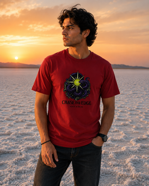LUCE & SETE GPT mockup 1 - Chase The Edge Graphic T-Shirt for Men & Women | Bold Adventure Streetwear - 275_9388262359277_unisex-stretch-t-shirt-115_BUILD_DIFF_front_HERO_20260601_185048.png