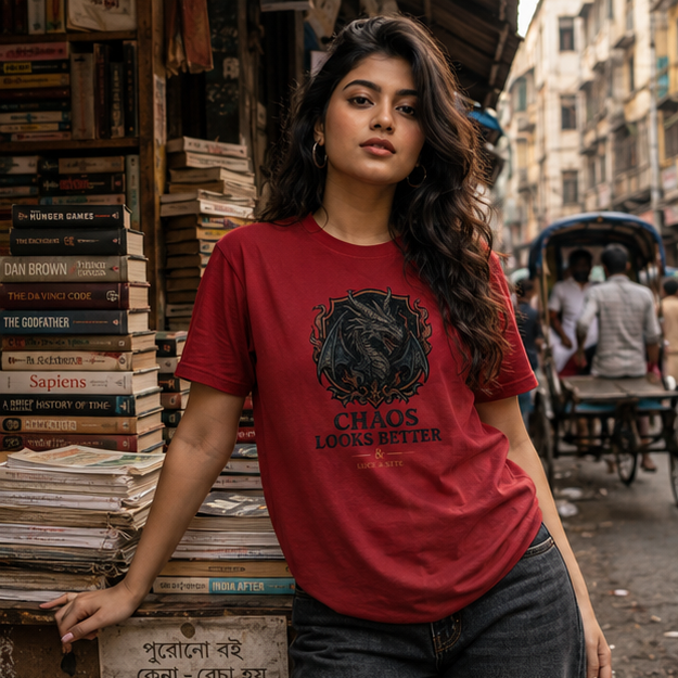 LUCE & SETE GPT mockup 1 - Chaos Looks Better Graphic T-Shirt for Men & Women | Bold Streetwear Statement - 275_9388263538925_unisex-stretch-t-shirt-124_BUILD_DIFF_GRID_20260601_185219_01_row1_col1.png