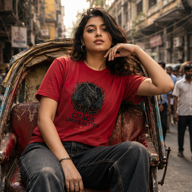 LUCE & SETE GPT mockup 1 - Chaos Looks Better Graphic T-Shirt for Men & Women | Bold Streetwear Statement - 275_9388263538925_unisex-stretch-t-shirt-124_BUILD_DIFF_GRID_20260601_185219_02_row1_col2.png