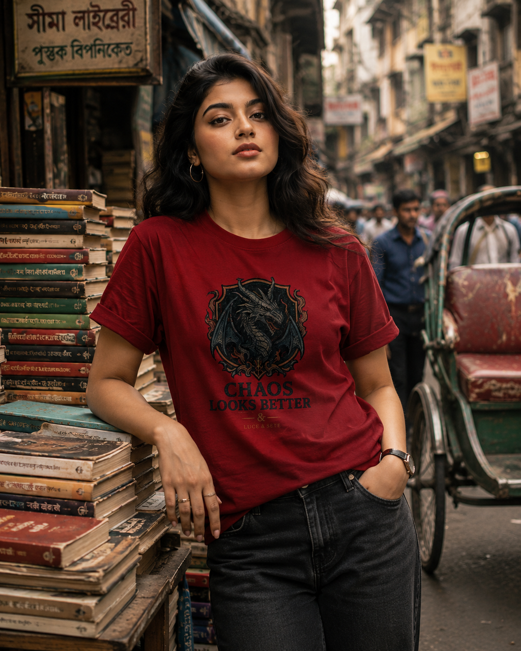 LUCE & SETE GPT mockup 1 - Chaos Looks Better Graphic T-Shirt for Men & Women | Bold Streetwear Statement - 275_9388263538925_unisex-stretch-t-shirt-124_BUILD_DIFF_front_HERO_20260601_185406.png