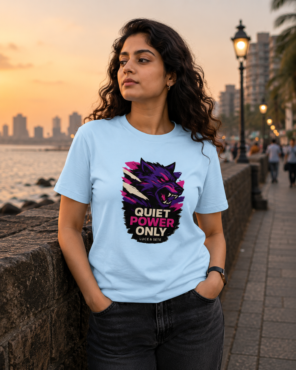 LUCE & SETE GPT mockup 1 - Quiet Power Only Graphic T-Shirt for Men & Women | Empowerment Streetwear - 275_9388265636077_unisex-stretch-t-shirt-128_BUILD_DIFF_front_HERO_20260601_185938.png