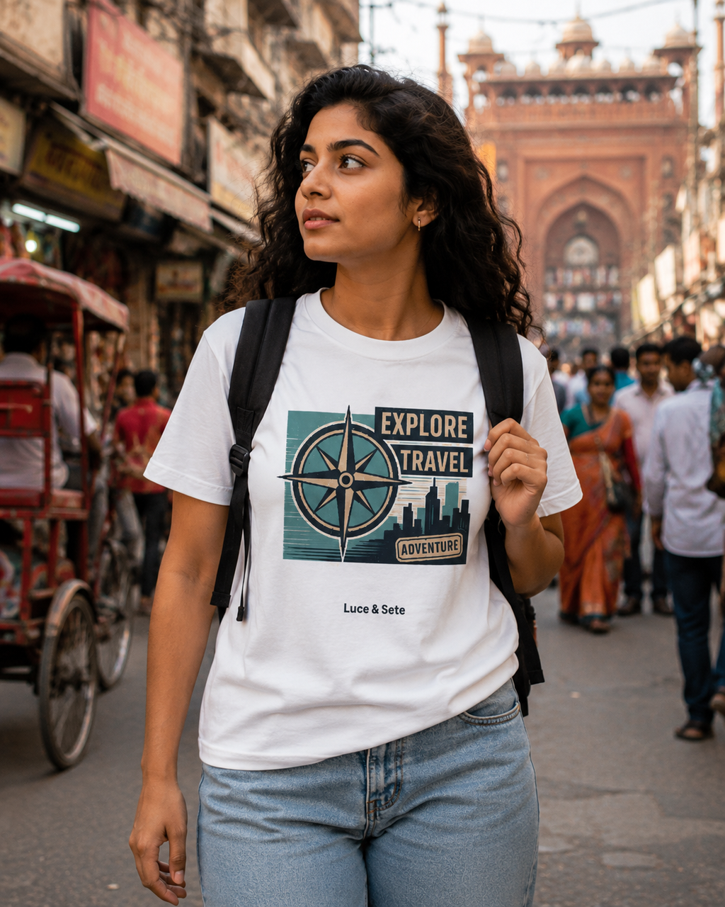 LUCE & SETE GPT mockup 1 - Explore Travel Adventure Graphic T-Shirt for Men & Women | Travel Freedom Streetwear - 275_9388265701613_unisex-stretch-t-shirt-129_BUILD_DIFF_front_HERO_20260601_190215.png