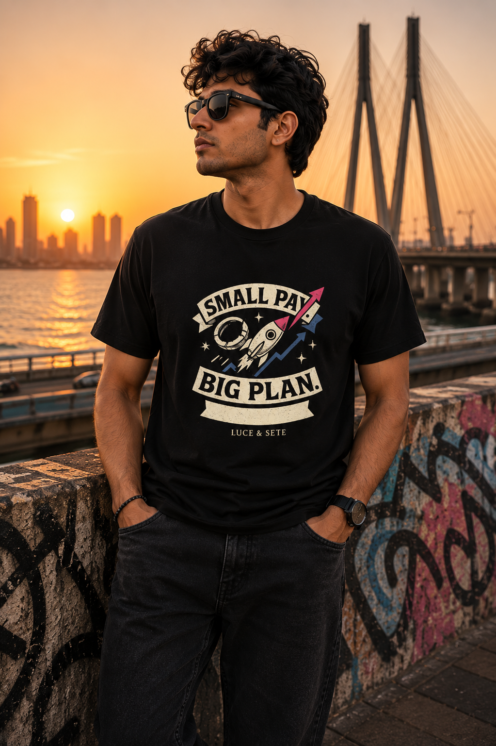LUCE & SETE GPT mockup 1 - Small Pay Big Plan Graphic T-Shirt for Men & Women | Ambition Streetwear - 277_9388263014637_unisex-stretch-t-shirt-122_BUILD_DIFF_front_HERO_20260601_191137.png