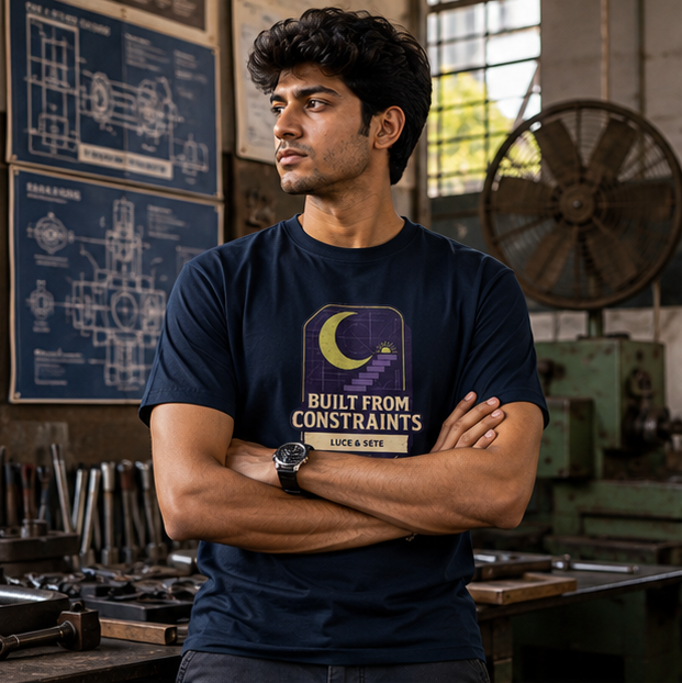 LUCE & SETE GPT mockup 1 - Built From Constraints Graphic T-Shirt for Men & Women | Engineering Pride Streetwear - 279_9388262949101_unisex-stretch-t-shirt-120_BUILD_DIFF_GRID_20260601_191257_01_row1_col1.png