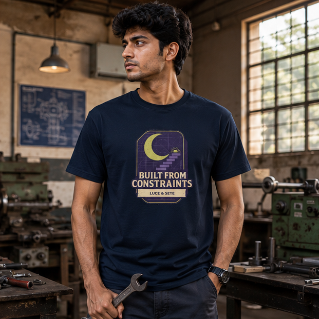 LUCE & SETE GPT mockup 1 - Built From Constraints Graphic T-Shirt for Men & Women | Engineering Pride Streetwear - 279_9388262949101_unisex-stretch-t-shirt-120_BUILD_DIFF_GRID_20260601_191257_02_row1_col2.png