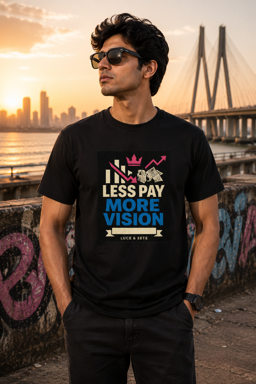 LUCE & SETE GPT mockup 1 - Less Pay More Vision Graphic T-Shirt for Men & Women | Ambition Streetwear - 281_9388263047405_unisex-stretch-t-shirt-123_BUILD_DIFF_front_HERO_20260601_191714.png