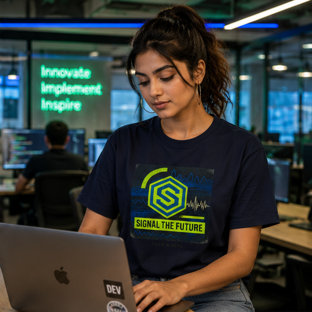 LUCE & SETE GPT mockup 1 - Signal The Future Graphic T-Shirt for Men & Women | Futuristic Tech Streetwear - 317_9388265505005_unisex-stretch-t-shirt-126_BUILD_DIFF_GRID_20260601_193511_02_row1_col2.png