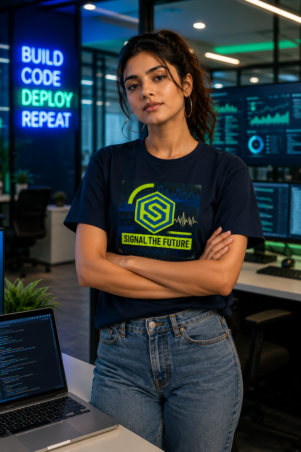 LUCE & SETE GPT mockup 1 - Signal The Future Graphic T-Shirt for Men & Women | Futuristic Tech Streetwear - 317_9388265505005_unisex-stretch-t-shirt-126_BUILD_DIFF_front_HERO_20260601_193626.png