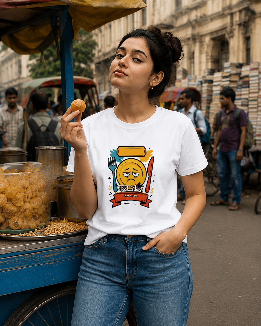 LUCE & SETE GPT mockup 1 - কম খাই Bengali Humor Graphic T-Shirt for Men & Women | Playful Bengali Streetwear - 327_9388126273773_unisex-stretch-t-shirt-103_BENGALI_front_HERO_20260601_121923.png