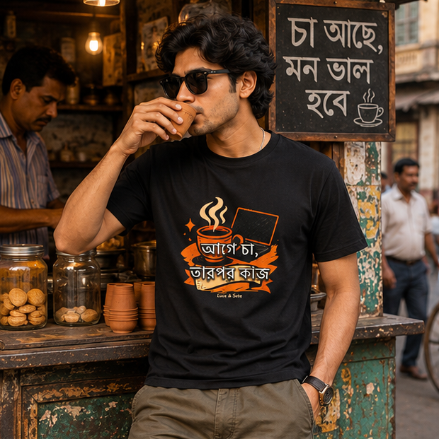LUCE & SETE GPT mockup 1 - আগে চা, তারপর কাজ Graphic T-Shirt for Men & Women | Bengali Streetwear Statement - 375_9388126404845_unisex-stretch-t-shirt-106_BENGALI_GRID_20260601_143259_01_row1_col1.png