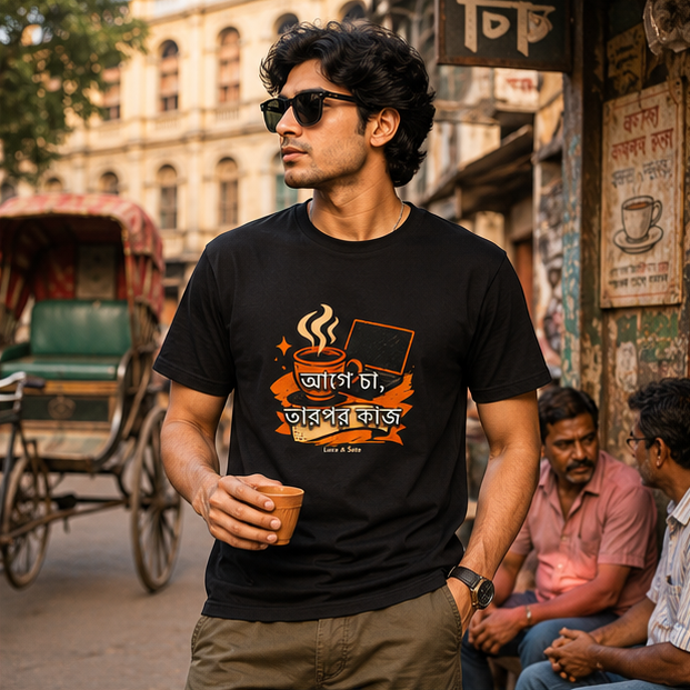 LUCE & SETE GPT mockup 1 - আগে চা, তারপর কাজ Graphic T-Shirt for Men & Women | Bengali Streetwear Statement - 375_9388126404845_unisex-stretch-t-shirt-106_BENGALI_GRID_20260601_143259_02_row1_col2.png