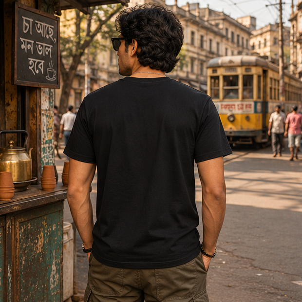 LUCE & SETE GPT mockup 1 - আগে চা, তারপর কাজ Graphic T-Shirt for Men & Women | Bengali Streetwear Statement - 375_9388126404845_unisex-stretch-t-shirt-106_BENGALI_GRID_20260601_143259_03_row2_col1.png