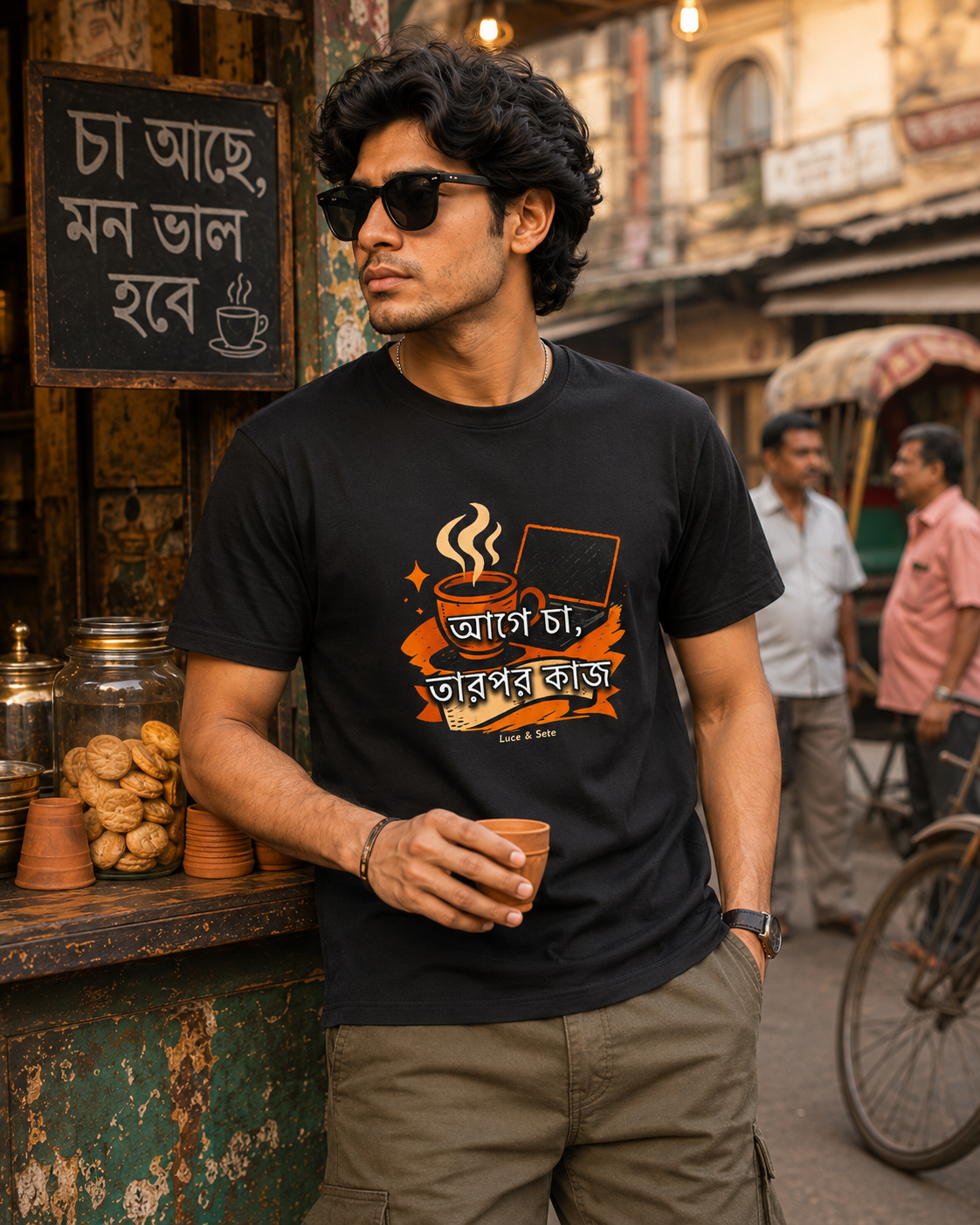 LUCE & SETE GPT mockup 1 - আগে চা, তারপর কাজ Graphic T-Shirt for Men & Women | Bengali Streetwear Statement - 375_9388126404845_unisex-stretch-t-shirt-106_BENGALI_front_HERO_20260601_143446.png