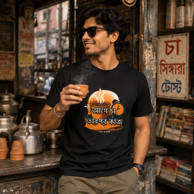 LUCE & SETE GPT mockup 1 - আগে চা, তারপর কাজ Graphic T-Shirt for Men & Women | Bengali Streetwear Statement - 375_9388126634221_unisex-stretch-t-shirt-112_BENGALI_GRID_20260601_143648_01_row1_col1.png