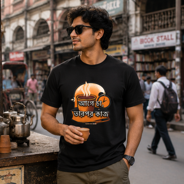 LUCE & SETE GPT mockup 1 - আগে চা, তারপর কাজ Graphic T-Shirt for Men & Women | Bengali Streetwear Statement - 375_9388126634221_unisex-stretch-t-shirt-112_BENGALI_GRID_20260601_143648_02_row1_col2.png