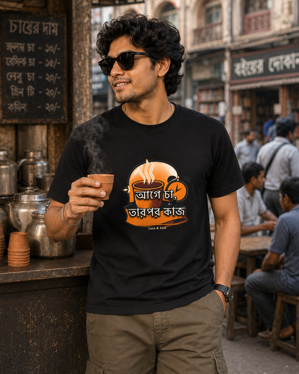 LUCE & SETE GPT mockup 1 - আগে চা, তারপর কাজ Graphic T-Shirt for Men & Women | Bengali Streetwear Statement - 375_9388126634221_unisex-stretch-t-shirt-112_BENGALI_front_HERO_20260601_143752.png