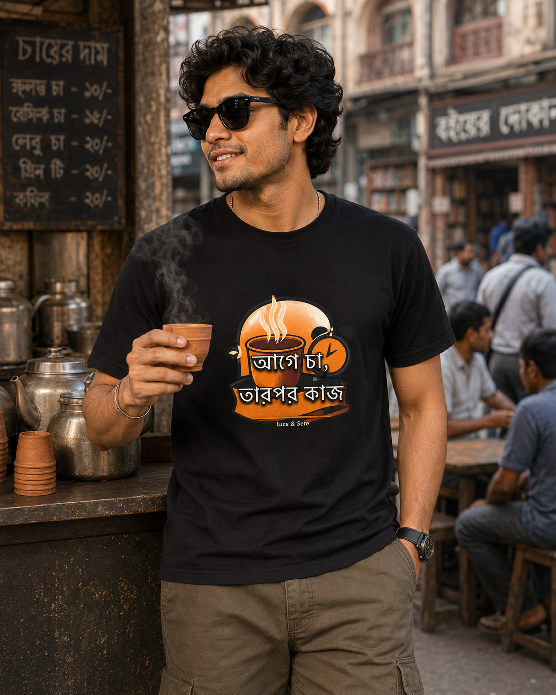 LUCE & SETE GPT mockup 1 - আগে চা, তারপর কাজ Graphic T-Shirt for Men & Women | Bengali Streetwear Statement - 375_9388126634221_unisex-stretch-t-shirt-112_BENGALI_front_HERO_20260601_143752.png